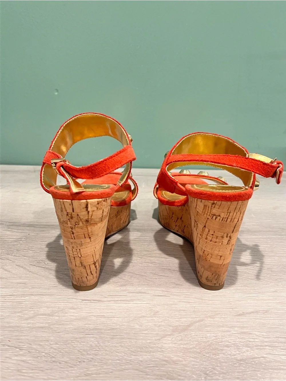 Ivanka Trump Coral Suede Cork Wedge Sandals with Gold Studs Size 5